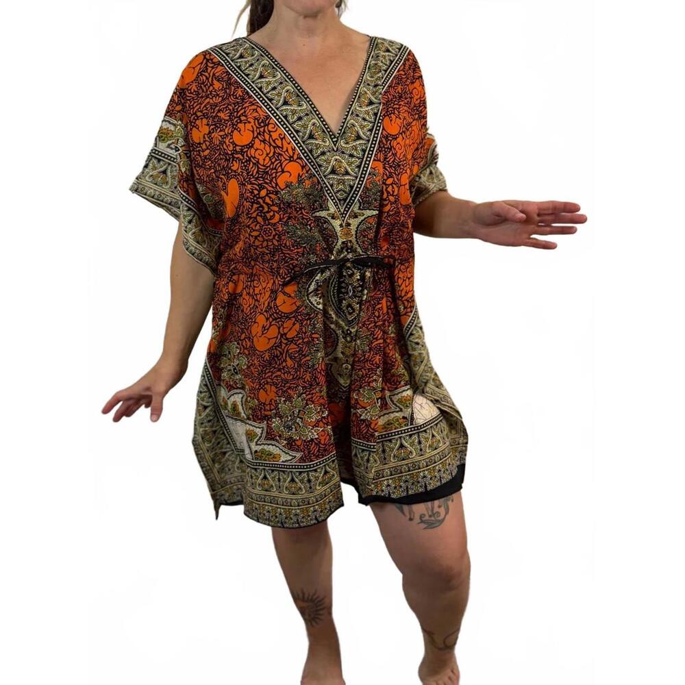NWT Boho Style Orange and Black Caftan Swim Beach Cover up Dress L XL XXL